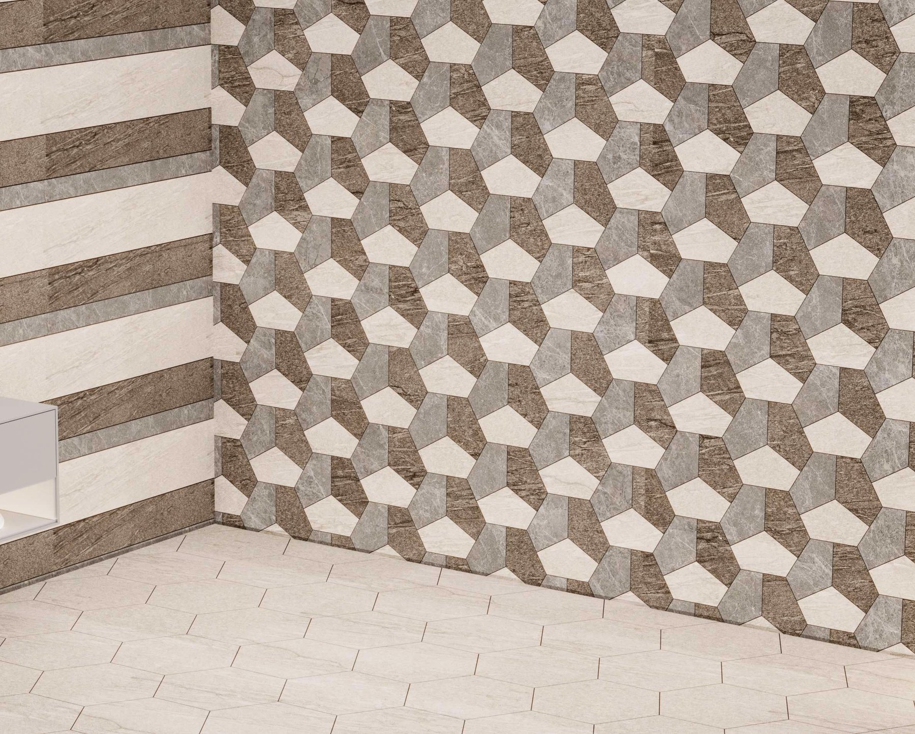 Grigio · rough-hewn edge, warm oak vanity