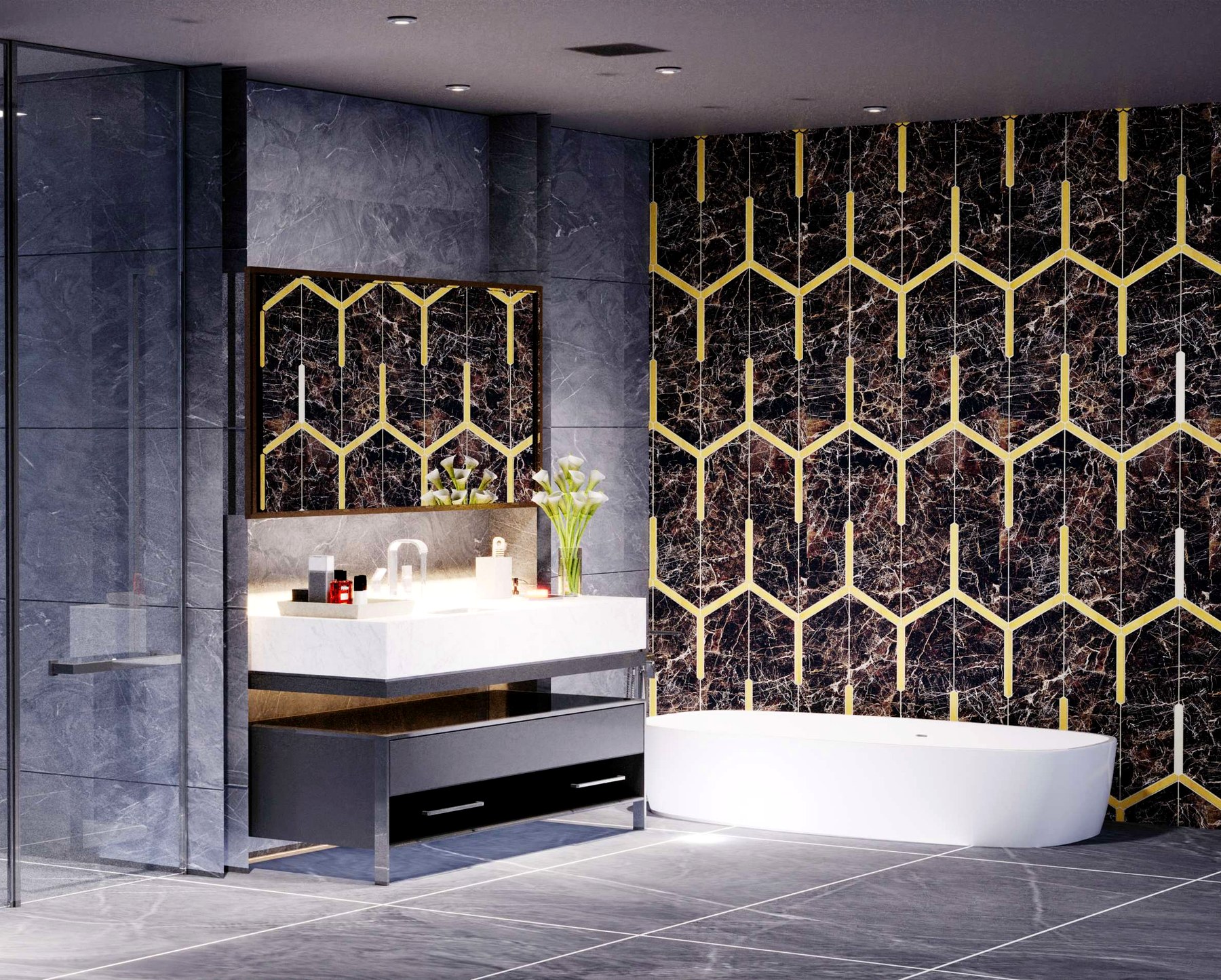 Bianco venato · glossy field, matte trim