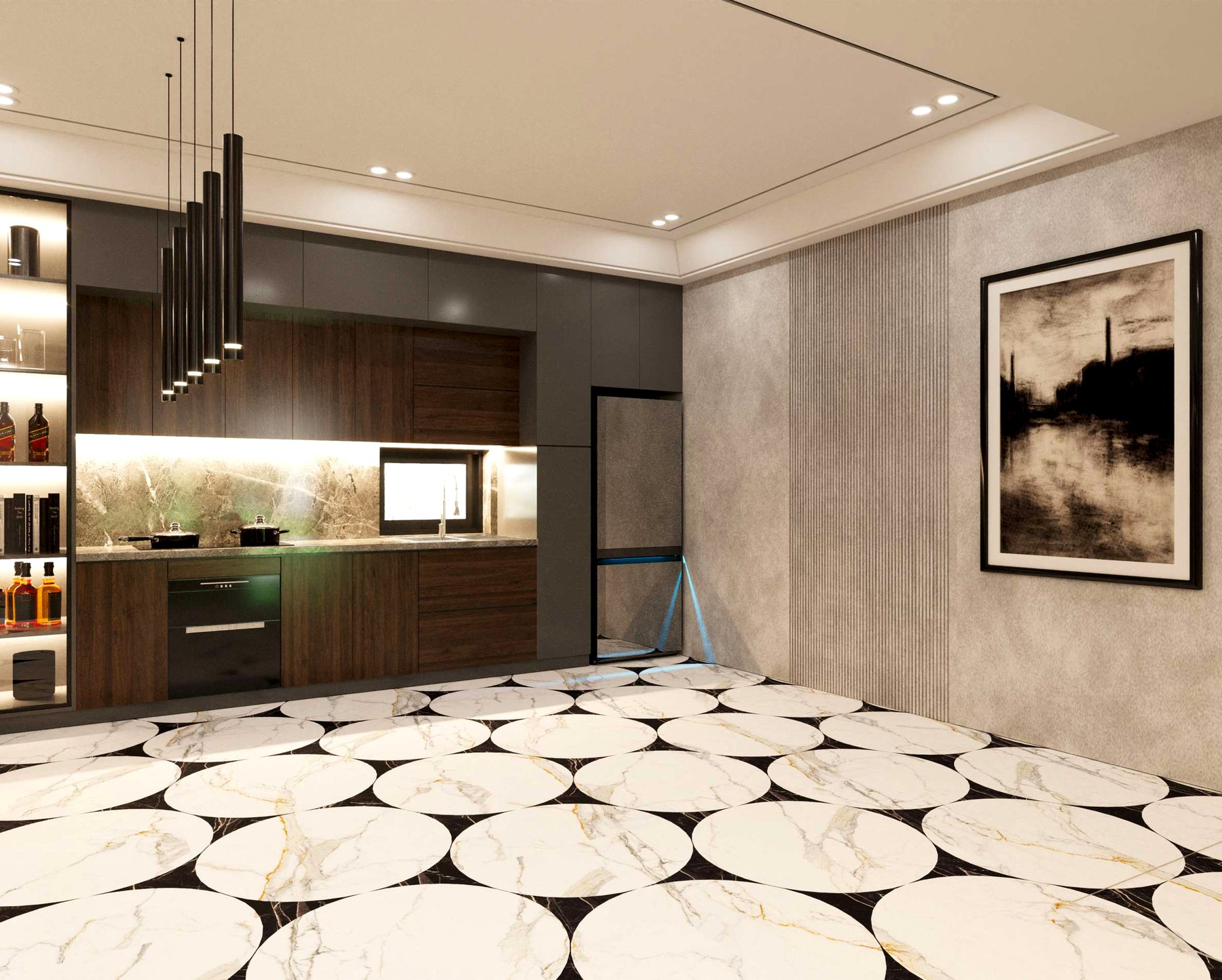 Bianco venato · glossy field, matte trim