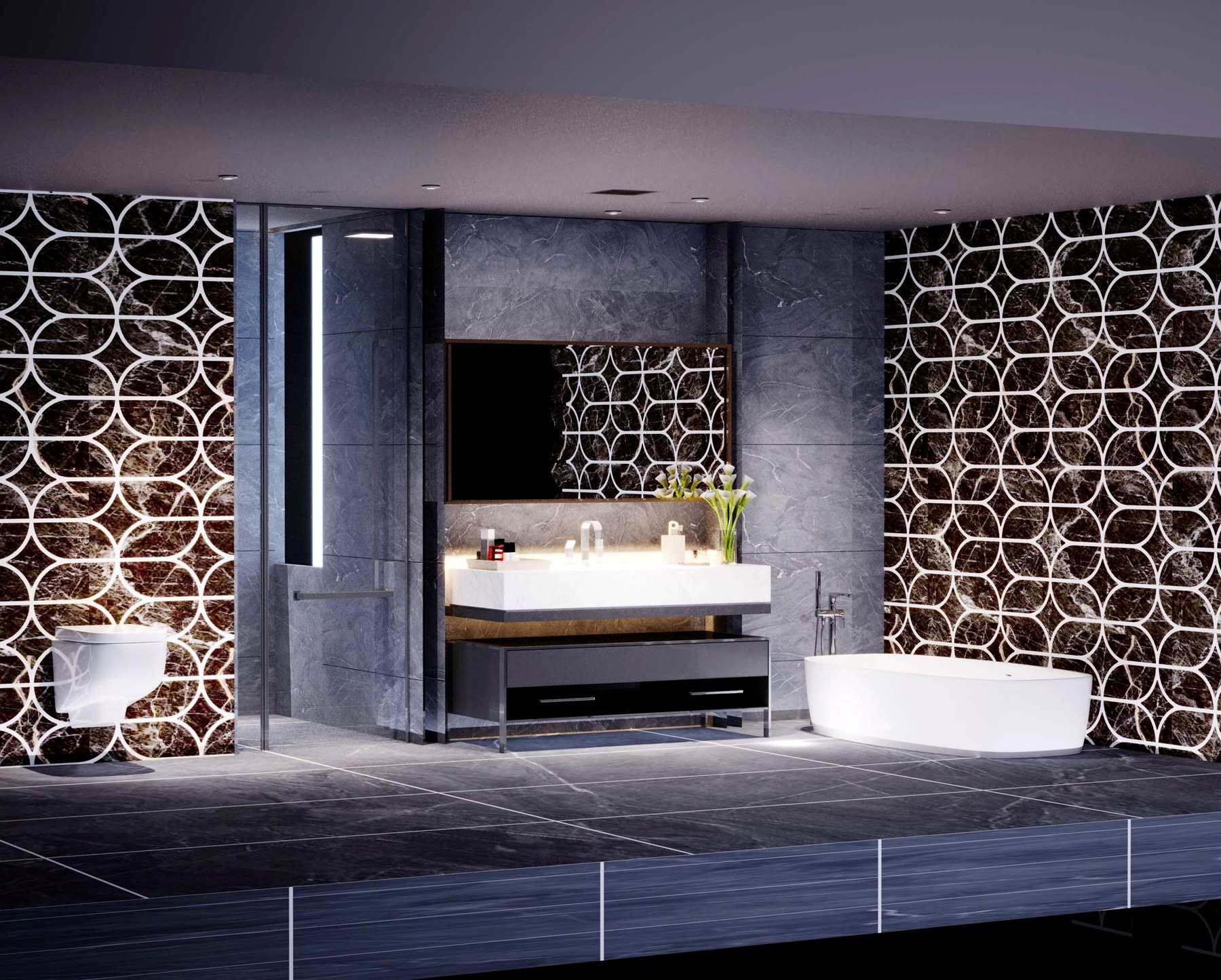 Café-noir marble · dark grout, restrained sconce