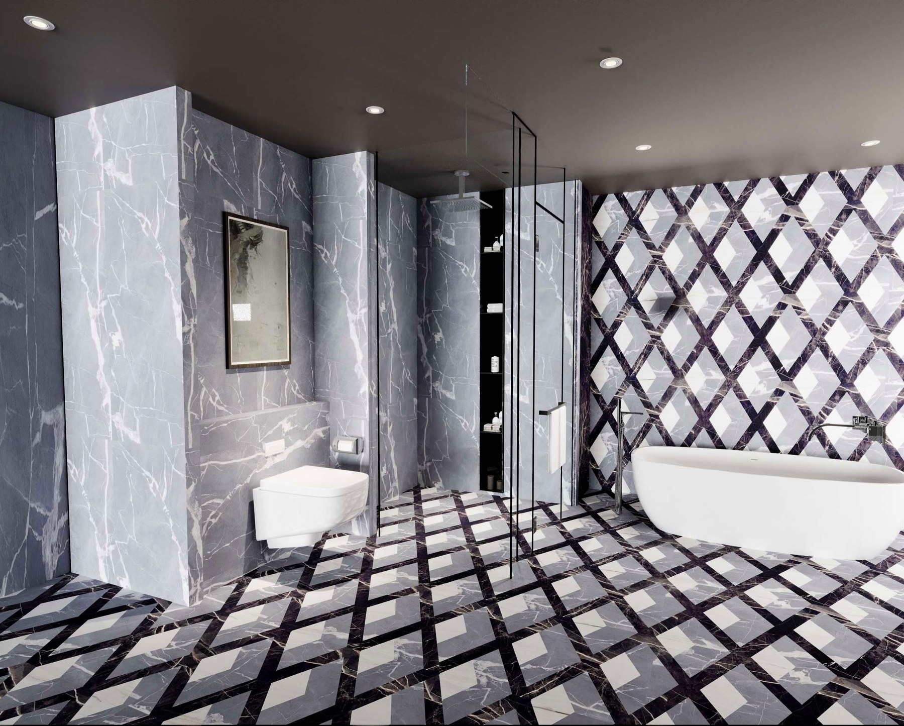 Bianco venato · glossy field, matte trim