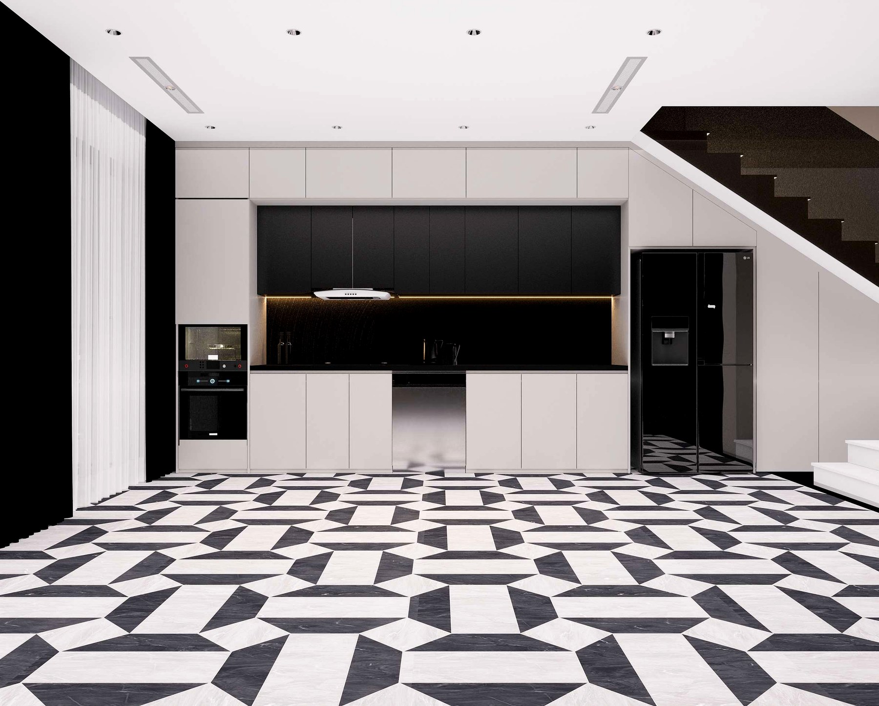 Anthracite slate · high-contrast joint, warm wood offset