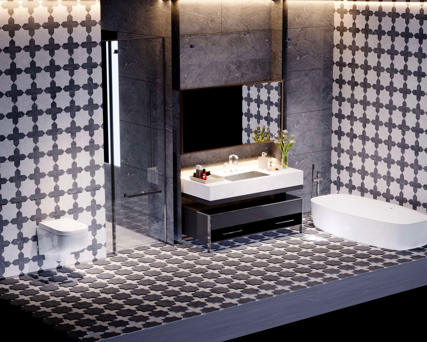 Café-noir marble · dark grout, restrained sconce