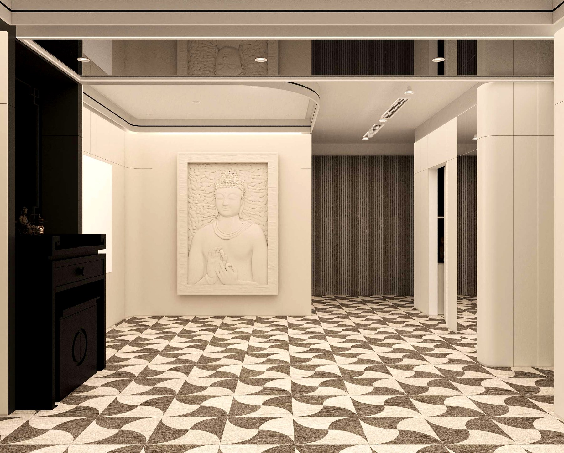 Sand travertine · book-matched slab, brass fixtures