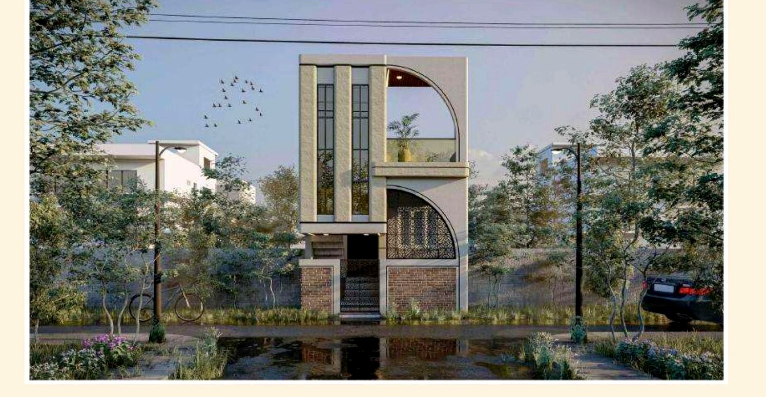 Arched-facade residence · dusk
