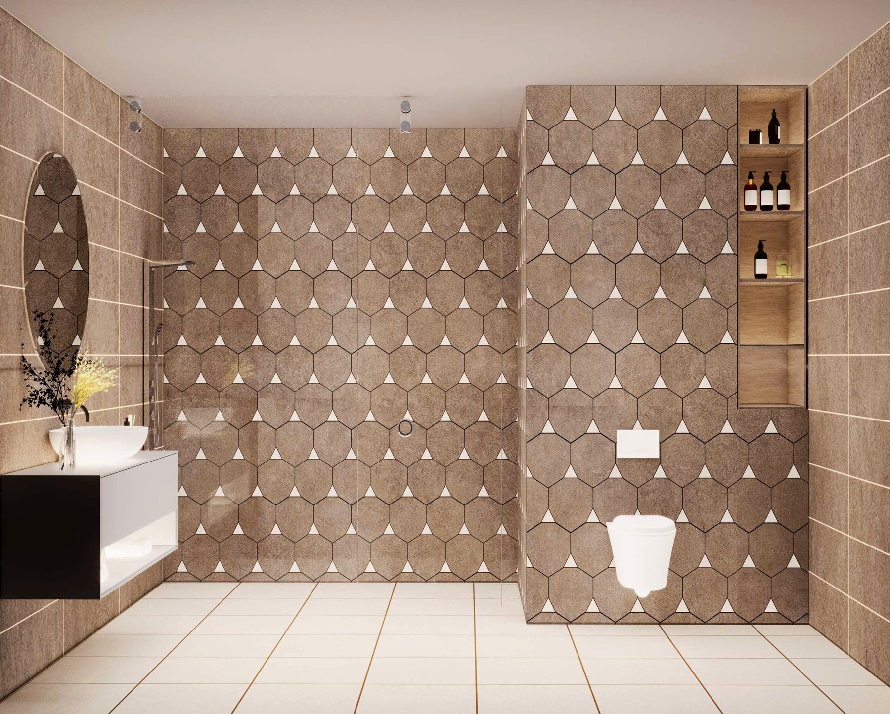Grey travertine · vein-matched, floor-to-wall