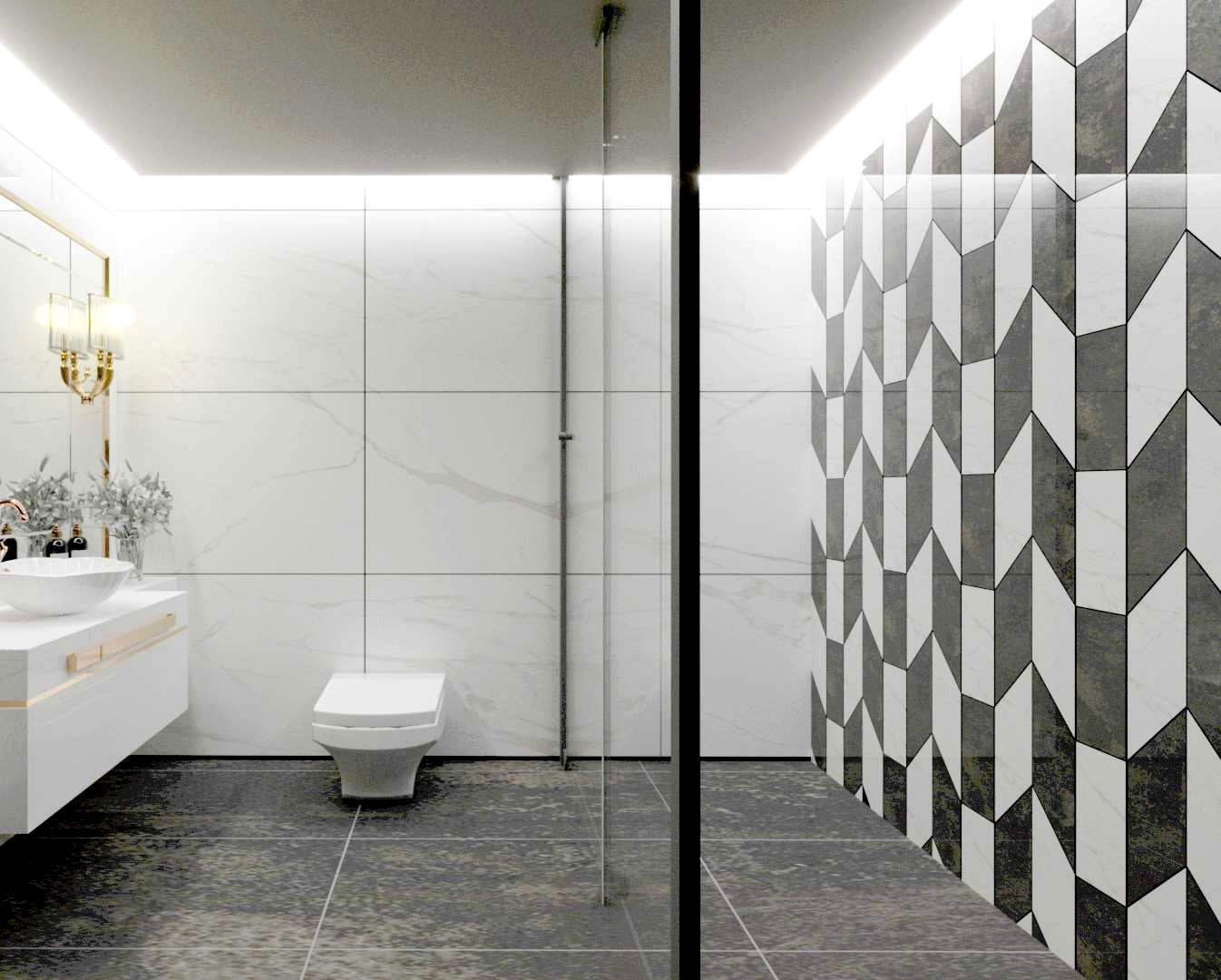 Café-noir marble · dark grout, restrained sconce