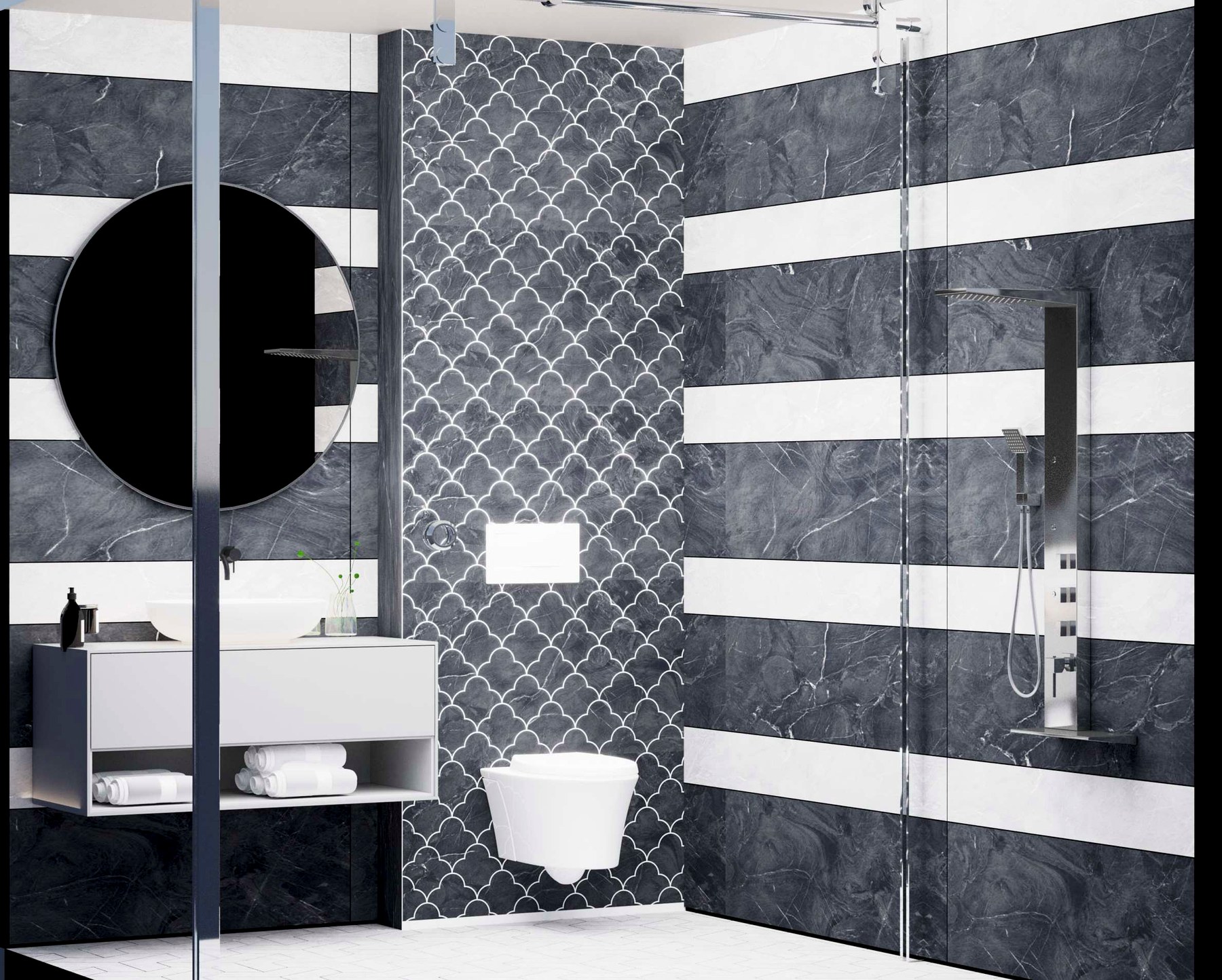 Anthracite slate · high-contrast joint, warm wood offset