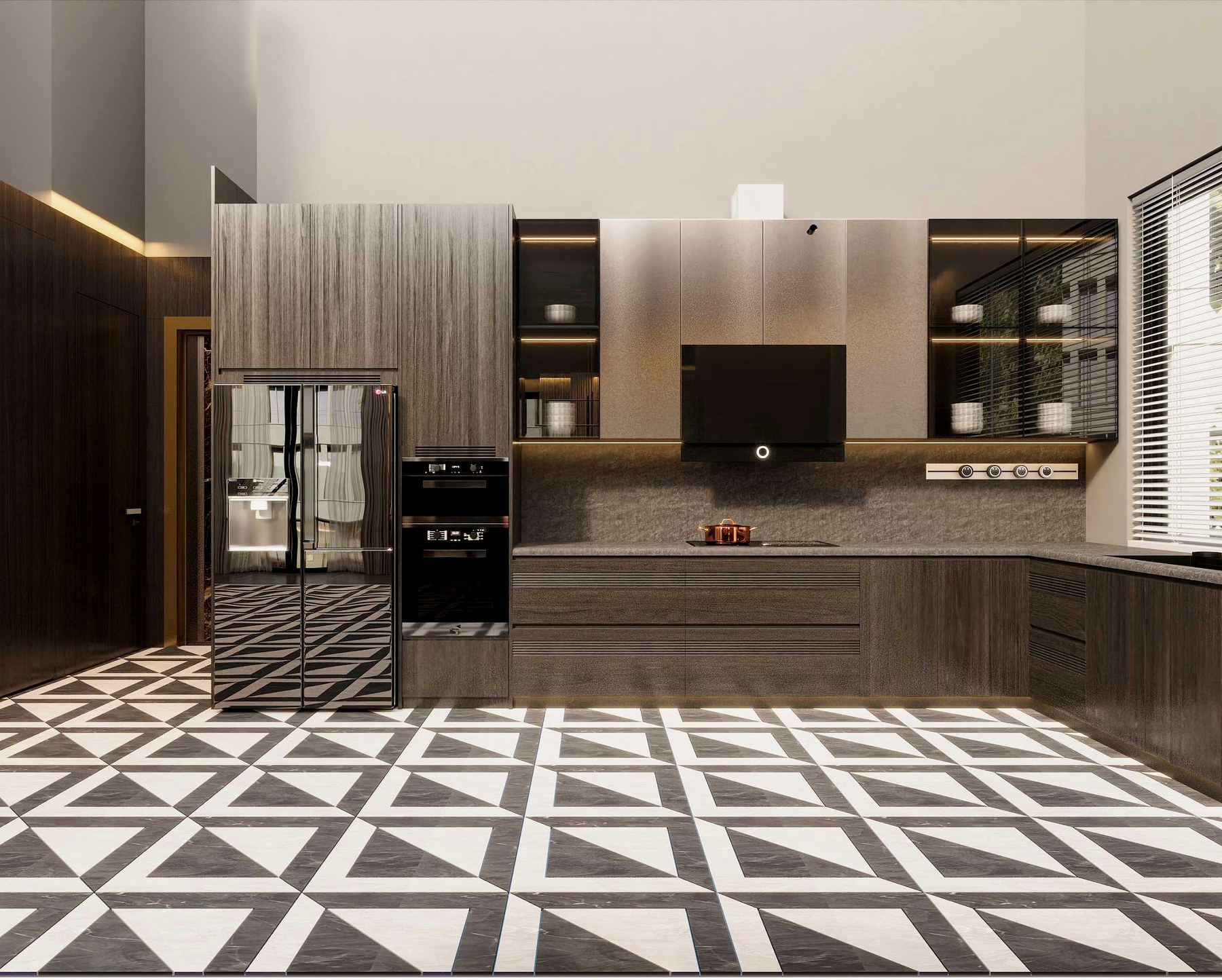 Grey travertine · vein-matched, floor-to-wall