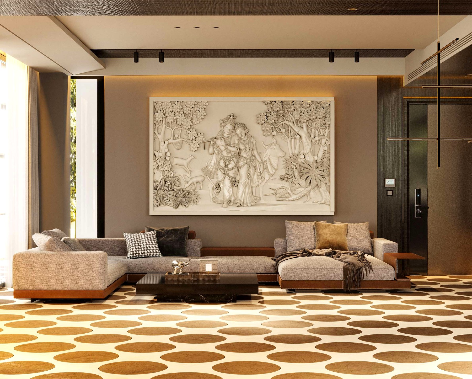 Cream marble · large-format lay, herringbone edge