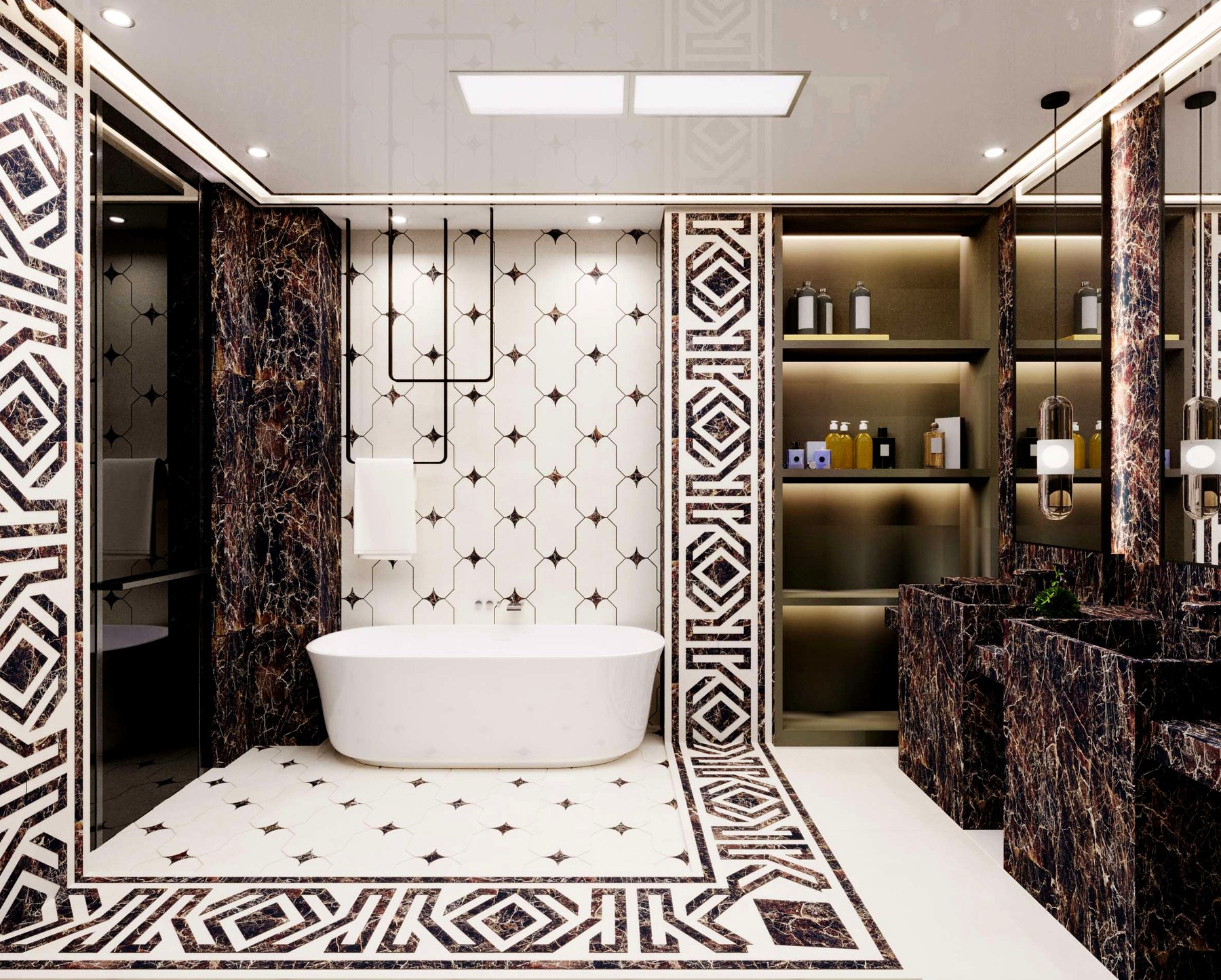 Grey travertine · vein-matched, floor-to-wall