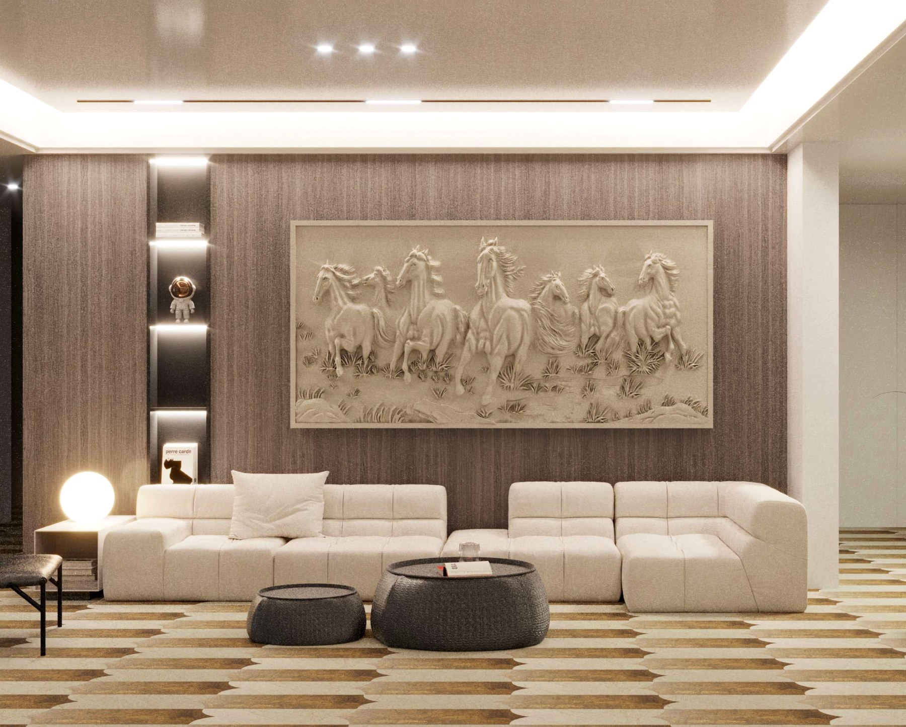 Sand travertine · book-matched slab, brass fixtures