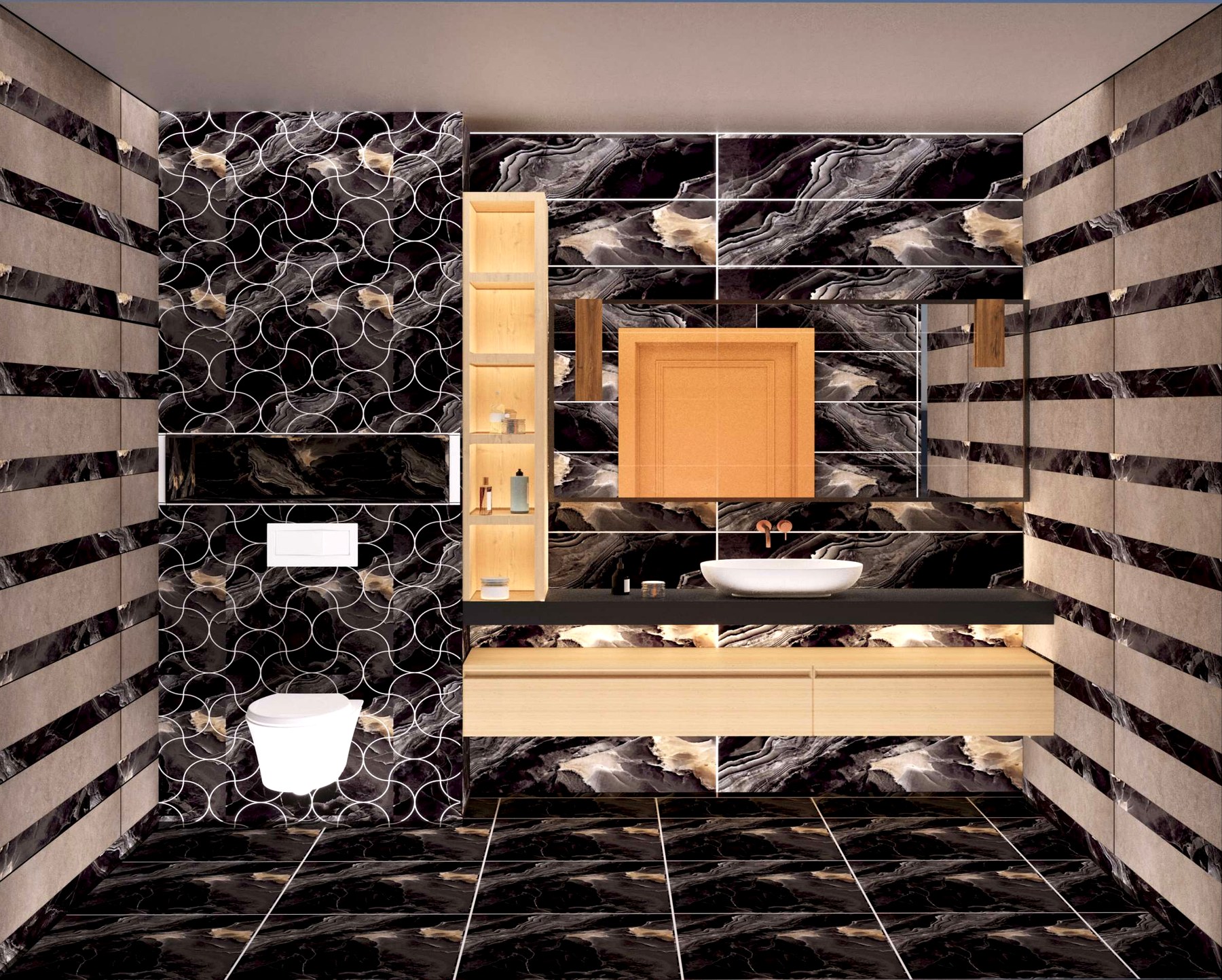 Cream marble · large-format lay, herringbone edge