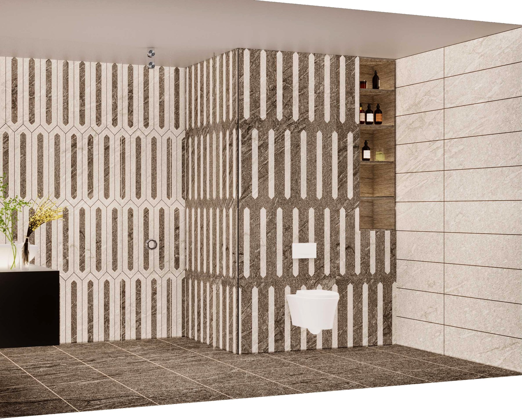 Cream marble · large-format lay, herringbone edge